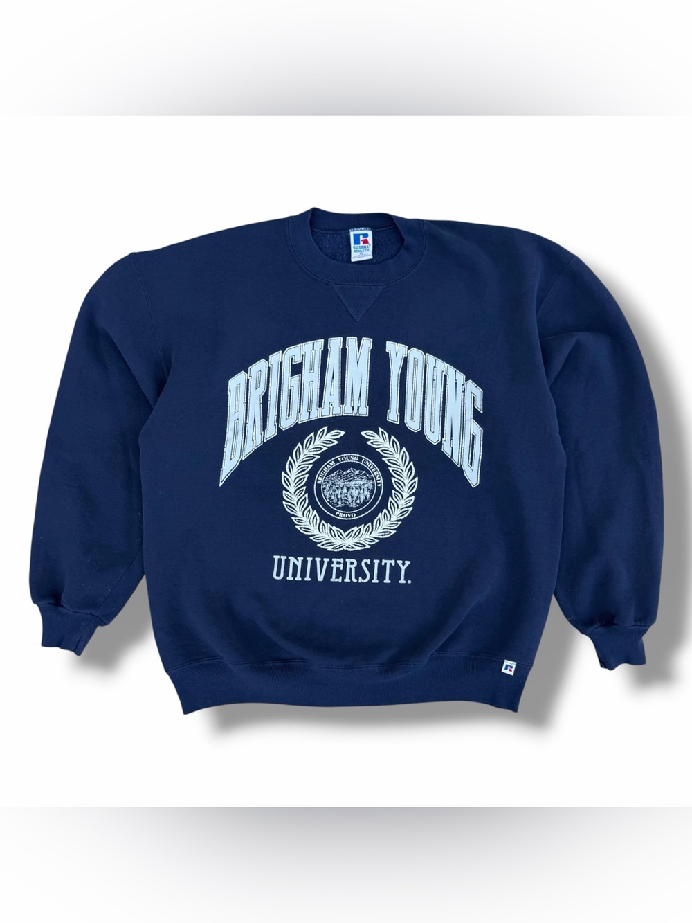 Vintage 90s Russell Athletic BYU Brigham Young Sweatshirt Size XL Navy Blue USA